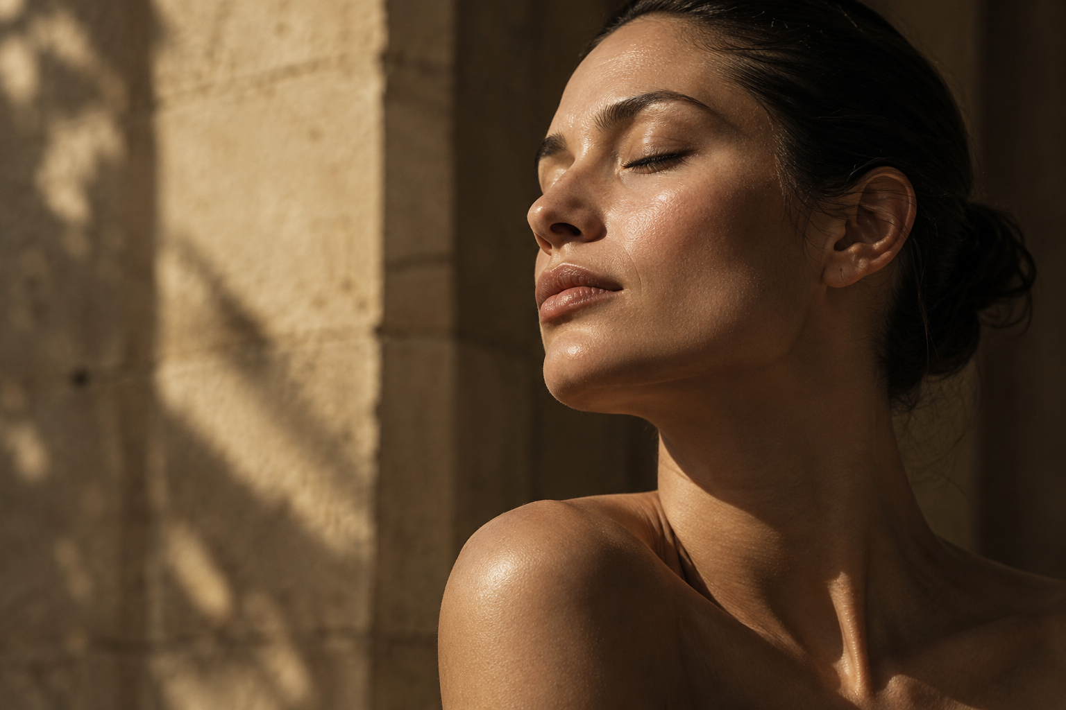 Golden sunlight moves across the contours of a woman's face