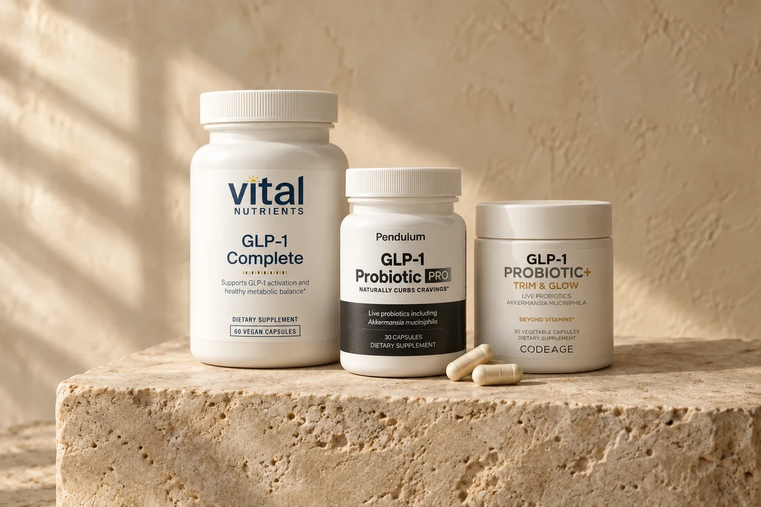 GLP-1 support supplements from Vital Nutrients, Pendulum and Codeage on a travertine shelf