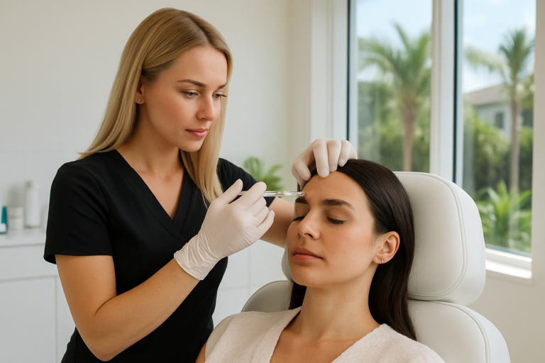 Close-up of professional cosmetic injector applying Botox for forehead wrinkles in a Tampa Florida medspa
