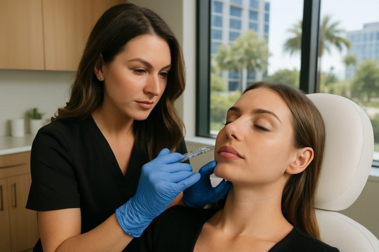 Natural looking lip filler treatment at a Tampa medspa with a client receiving gentle lip injections