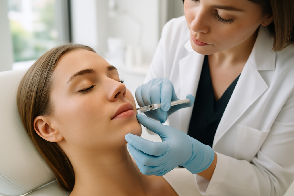 Aesthetician preparing for botox lip injection in a modern Tampa Florida medspa treatment room