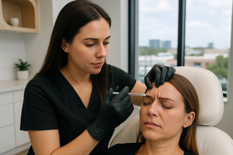 Aesthetic injector treating glabella frown lines with Jeuveau in a Tampa Florida medspa setting.