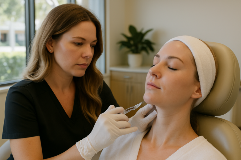 Aesthetic nurse performing masseter botox injection on a smiling client in a Tampa Florida medical spa environment