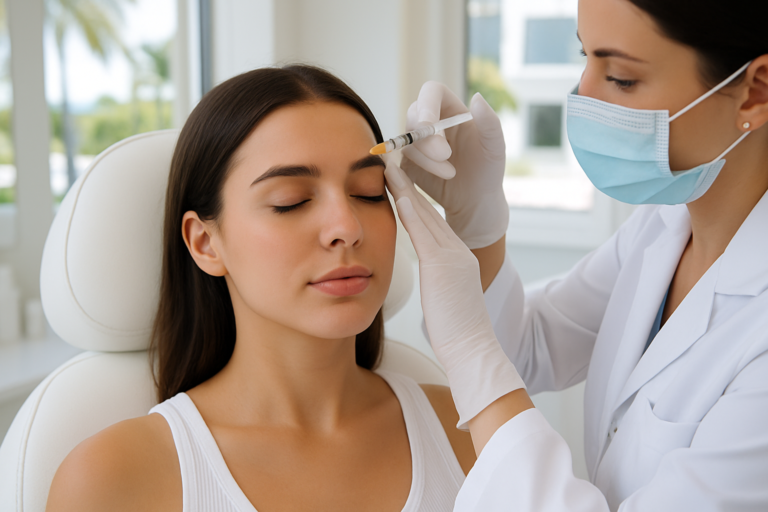 Professional injector providing baby Botox treatment to a young woman in a modern Tampa Florida medical spa environment