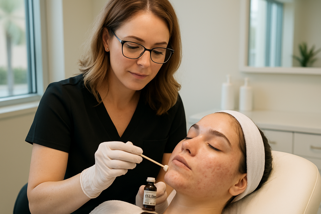 professional aesthetician applying vi peel chemical peel treatment to acne scars in a modern tampa medical spa setting