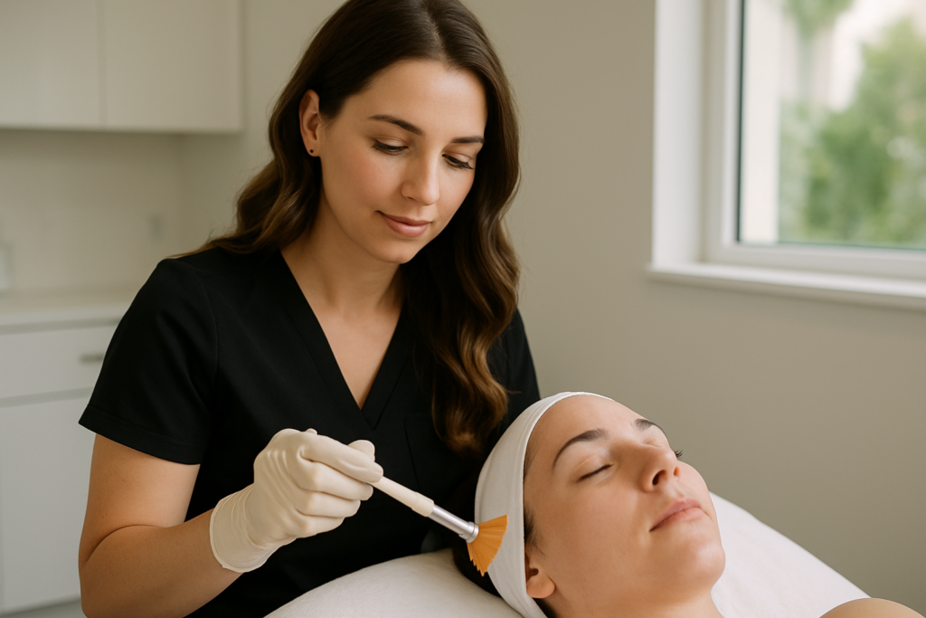 Aesthetician performing a chemical peel treatment in a Tampa medical spa, Florida skin rejuvenation clinic.