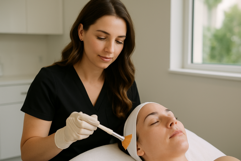 Aesthetician performing a chemical peel treatment in a Tampa medical spa, Florida skin rejuvenation clinic.