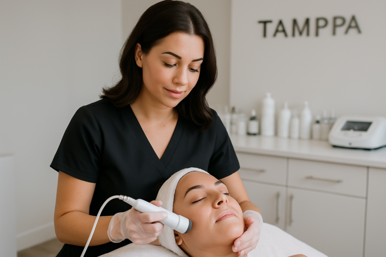 aesthetician applying a hydrating facial in a tampa florida medspa with soothing skincare products visible