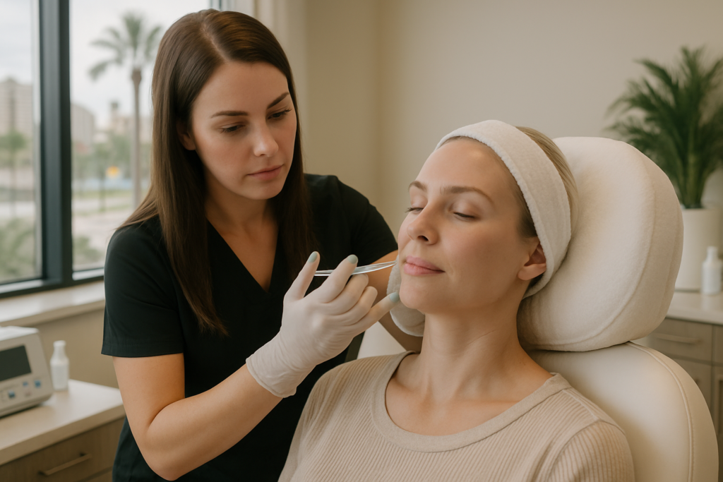 Aesthetic injector administering cheek filler in a modern Tampa Bay medspa, focusing on natural results and Florida sun protection