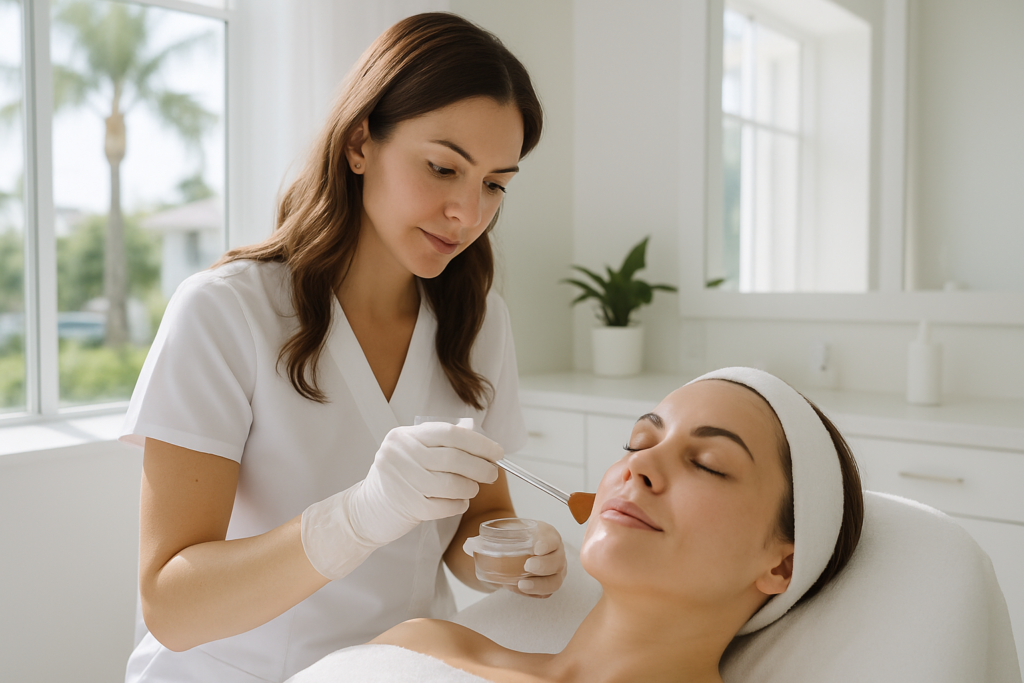 A licensed aesthetician performing a chemical peel treatment on a Tampa client in a bright Florida medical spa environment