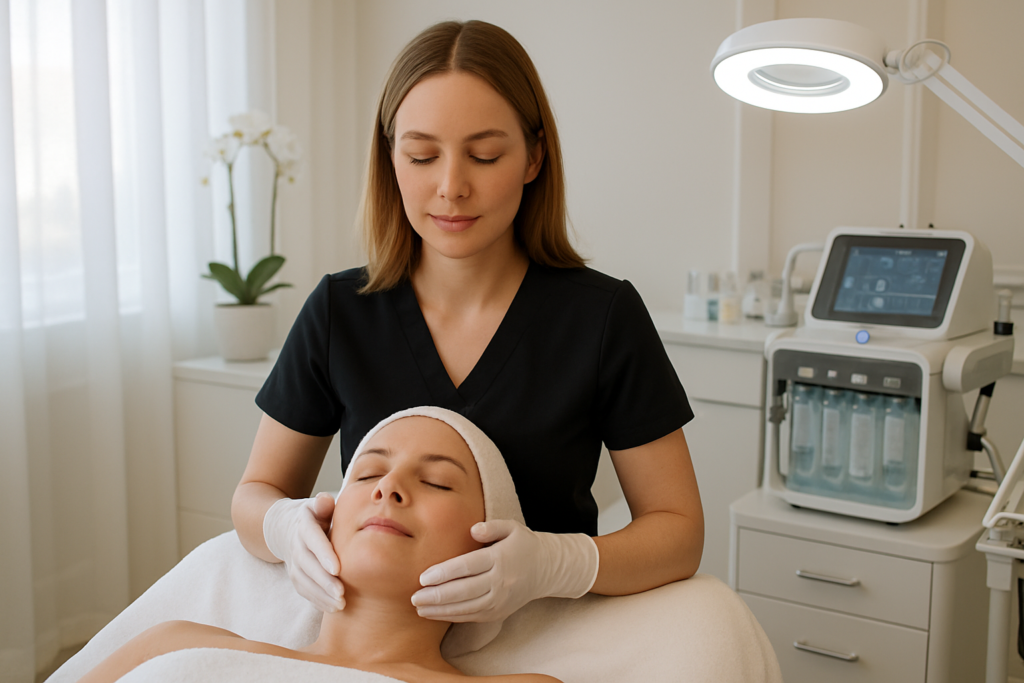 esthetician performing a Glo2Facial treatment on a woman in a luxury Tampa Florida medical spa