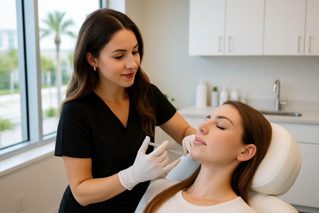 female client receiving jawline contouring dermal fillers at a medical spa in tampa fl