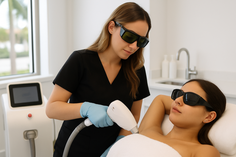 Florida aesthetician performing a laser hair removal treatment at a Tampa area medical spa clinic