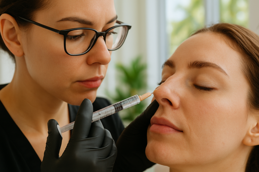 Aesthetician injecting nose filler at a Tampa Bay medical spa, modern Florida clinic setting.