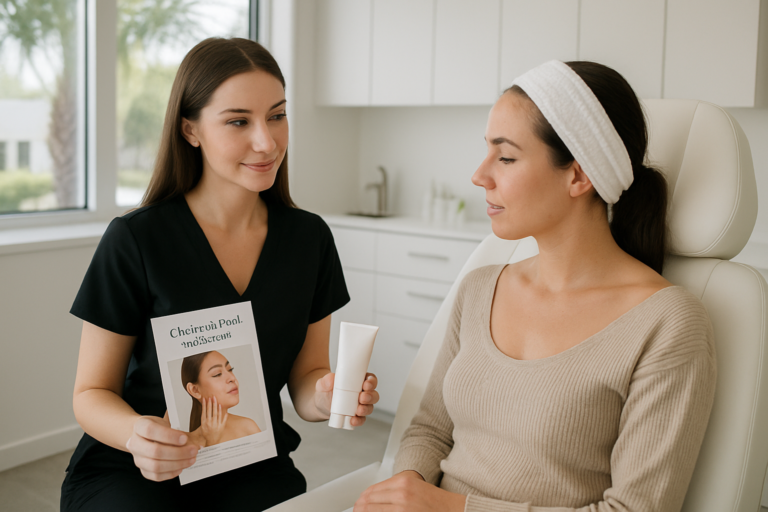 Client receiving chemical peel aftercare consultation at a Tampa medspa, licensed aesthetician, Florida sun precautions visible