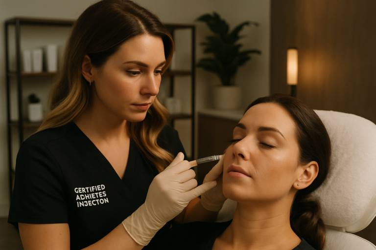 Professional dermal filler provider treating under eyes at a Tampa medical spa with bright natural light and modern décor.