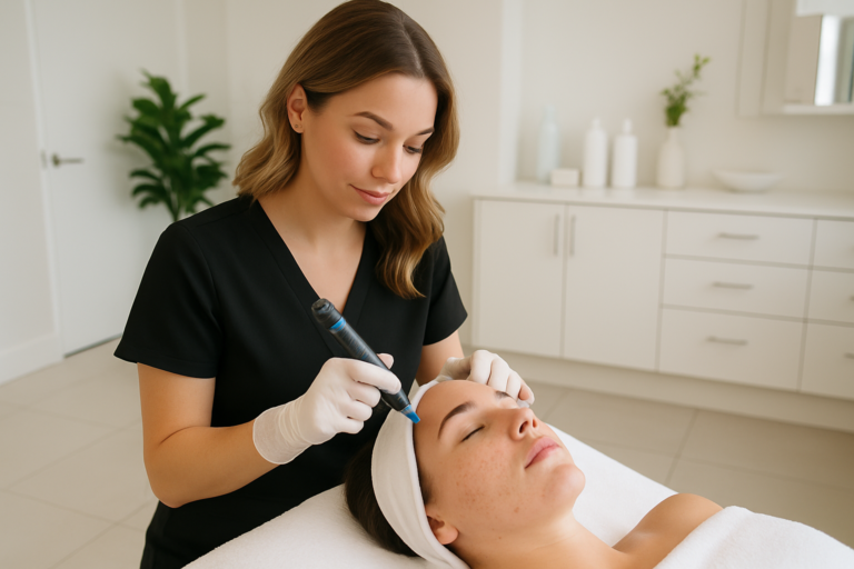 aesthetician performing microneedling for acne scars in tampa florida medspa clean spa room natural lighting