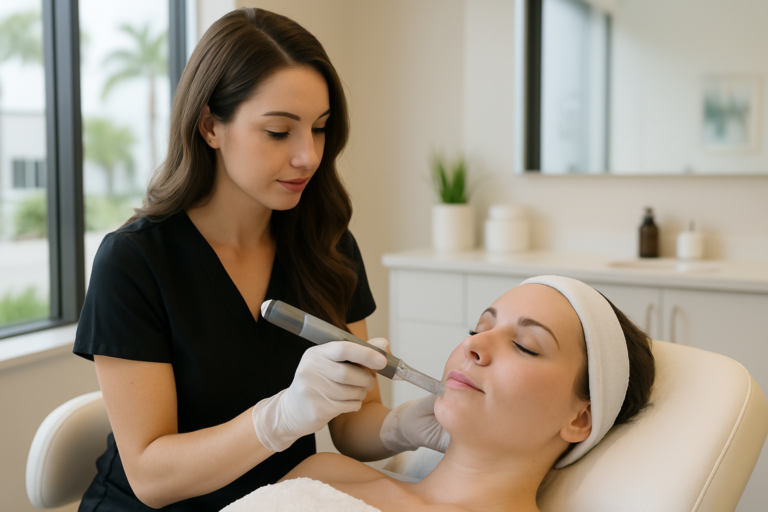 licensed Tampa aesthetician performing microneedling with hyaluronic acid on a client’s face in a luxury medspa treatment room
