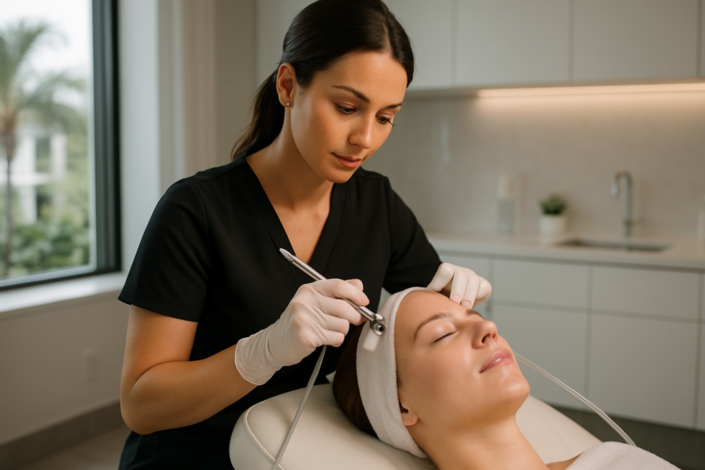 esthetician performing a deep cleansing oxygen facial treatment in a modern tampa medspa environment using advanced clinical equipment