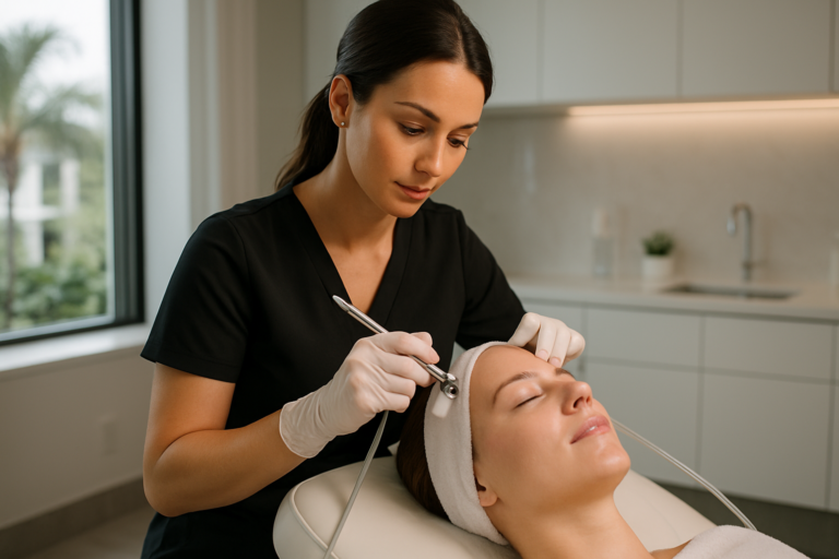 esthetician performing a deep cleansing oxygen facial treatment in a modern tampa medspa environment using advanced clinical equipment