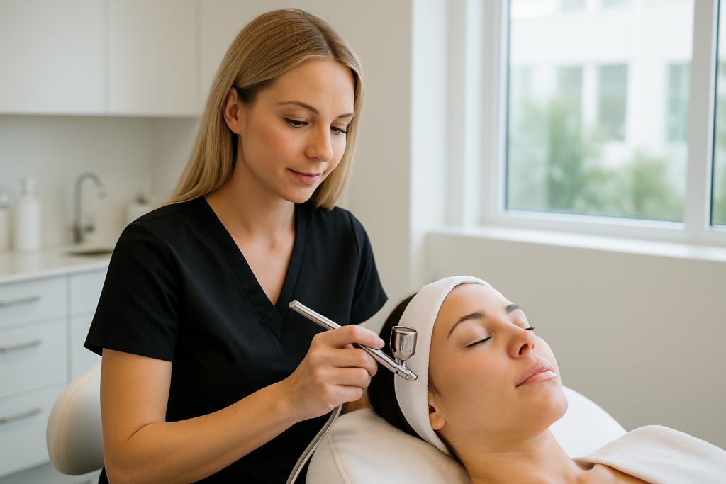 Young woman receiving an advanced clinical oxygen facial in a Tampa Bay medical spa setting.