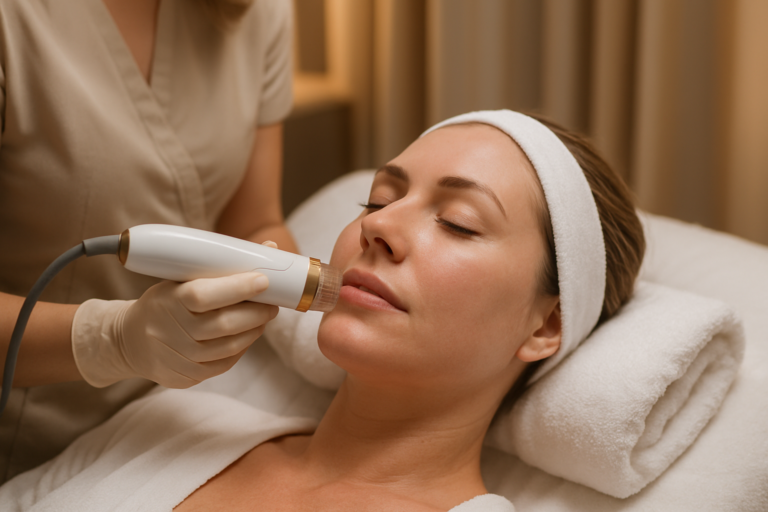 Secret RF microneedling treatment for skin tightening on a smiling woman at a Tampa medical spa