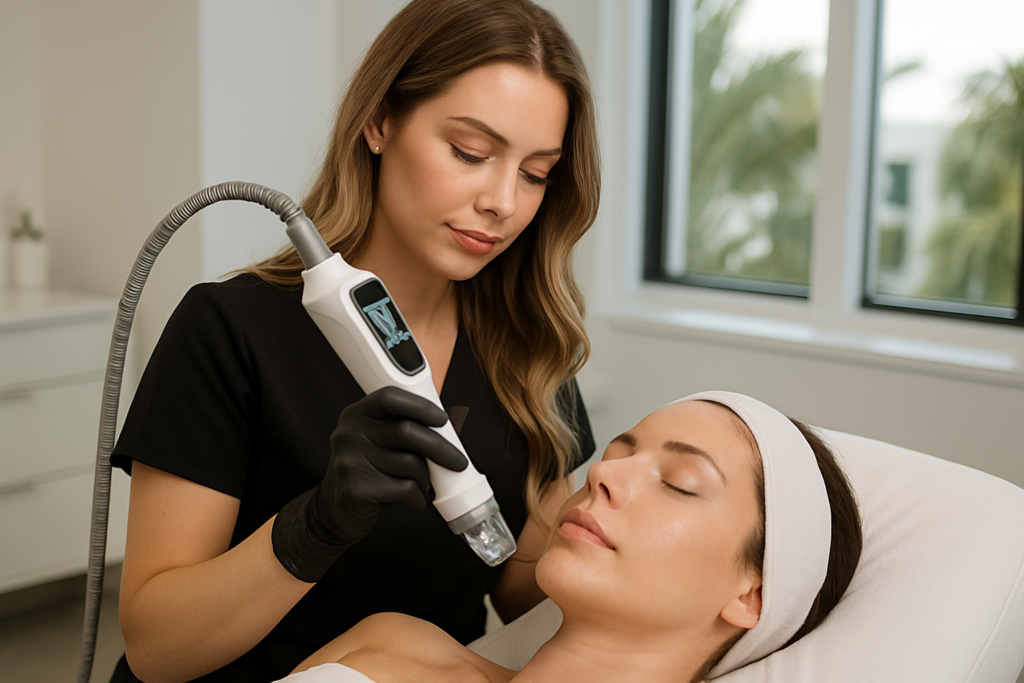 aesthetician performing secret rf microneedling on a client’s face in a modern tampa medspa environment