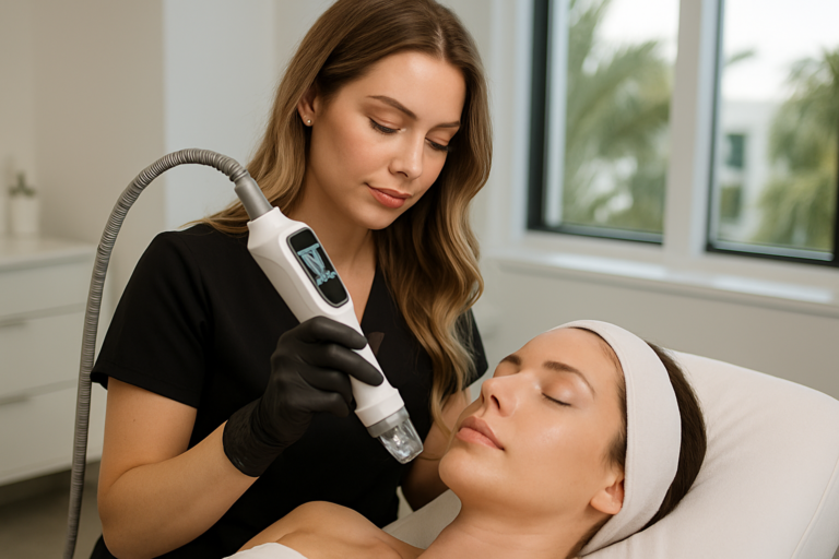 aesthetician performing secret rf microneedling on a client’s face in a modern tampa medspa environment