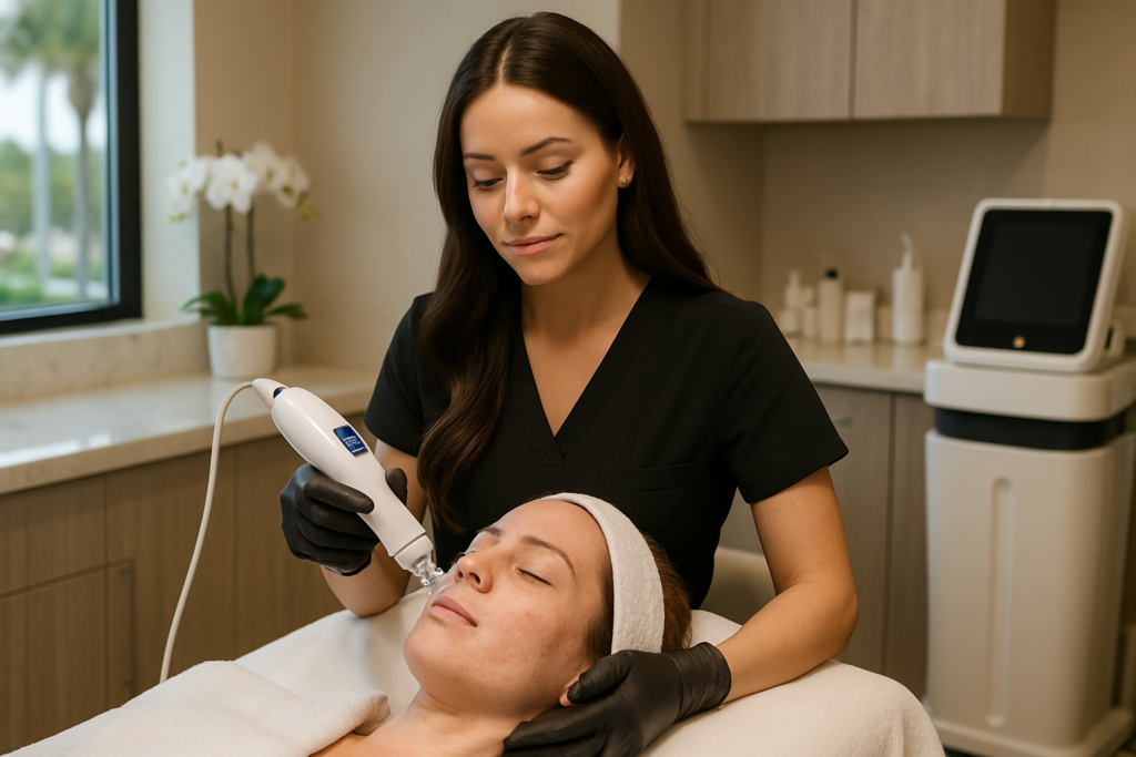 Aesthetician using advanced RF microneedling device for acne scar treatment in a Tampa, Florida medspa.