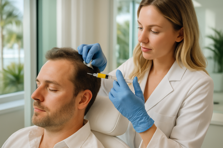 PRP scalp injection for hair loss restoration in modern Tampa Florida medspa setting with natural lighting.