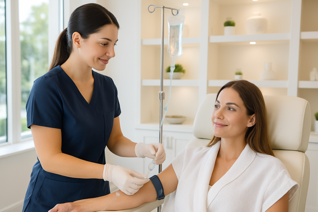 Licensed nurse preparing energy boost IV hydration therapy in a modern Tampa medspa treatment room