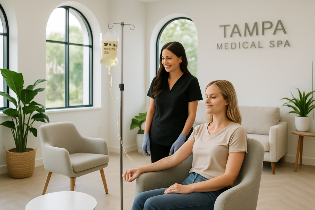 Modern IV hydration therapy session in a Tampa medical spa clinic for hangover and skin health recovery