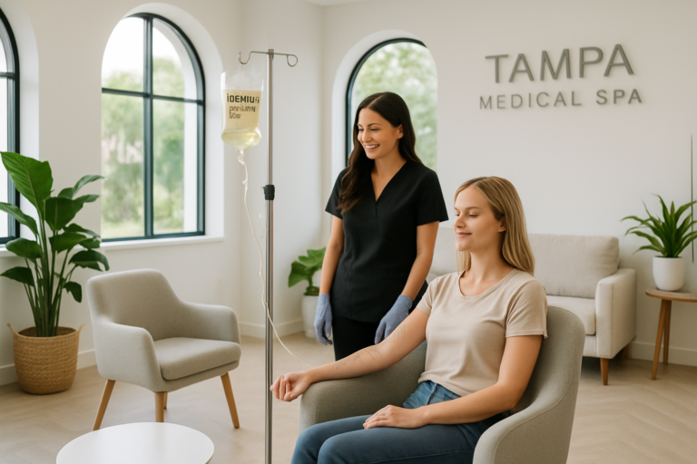 Modern IV hydration therapy session in a Tampa medical spa clinic for hangover and skin health recovery