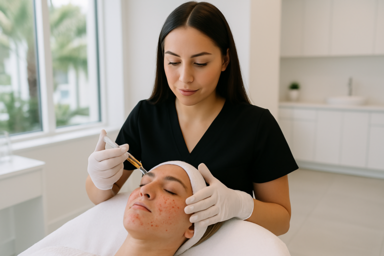 Aesthetician applying PRP treatment during facial at Livia Medspa in Tampa, Florida in a bright, modern clinic setting.