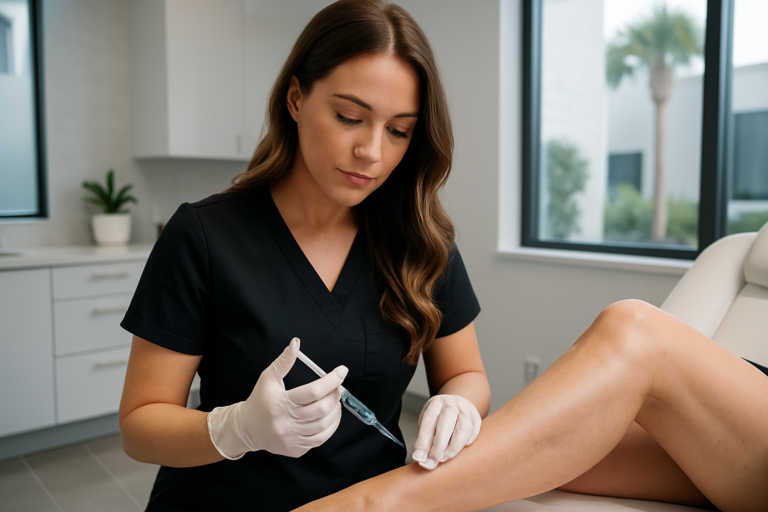 Aesthetic injector treating spider veins with sclerotherapy in Tampa, Florida medspa clinic