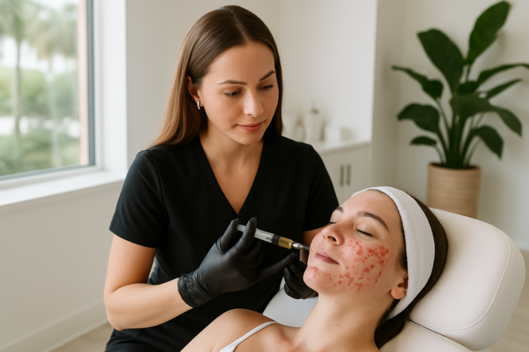 Aesthetician performing vampire facial PRP skin therapy in a Tampa, Florida medical spa, showing clean and professional aesthetic treatment setting.